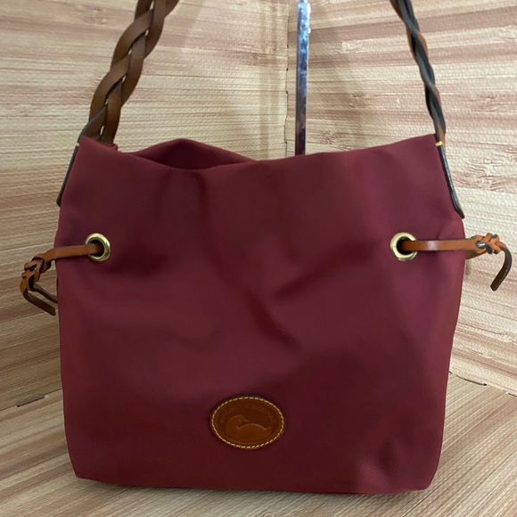 Dooney and Bourke Burgundy Nylon Shoulder Bag with Leather Straps and Accents - Picture 2 of 10